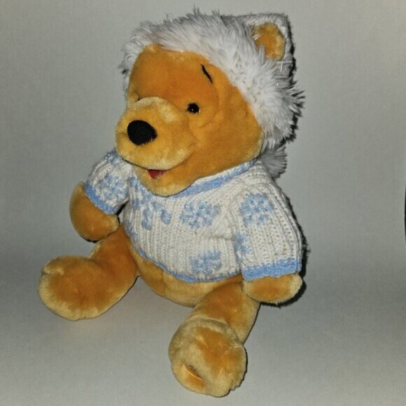 Disney Store Winnie the Pooh Plush Blue White Snowflake Sweater Winter Holiday - Picture 4 of 9